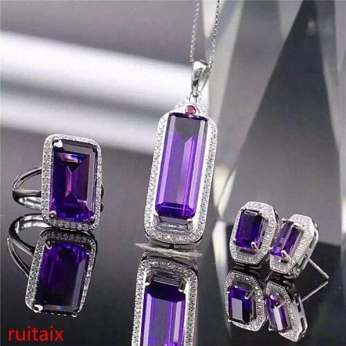 KJJEAXCMY boutique jewels 925 sterling silver inlaid with gem natural amethyst necklace pendant ring earrings 3 pieces of jewelr