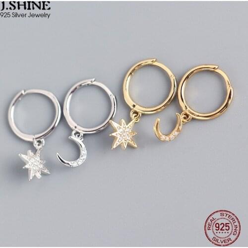 JShine Real S925 Sterling Silver Star and Moon Earrings Asymmetric CZ Dangle Earrings Stackable Silver 925 Fashion Fine Earrings