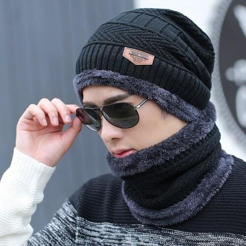 Neck Warmer Knitted Hat Scarf Set Fur Wool Lining Thicken Warm Knit Beanies Winter Hat For Men Women Skullies Bonnet Caps