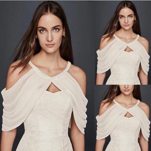Chiffon Crystal Beaded Halter Bridal Capes Wedding Shoulders Shawls White Plus Size Bride Straps