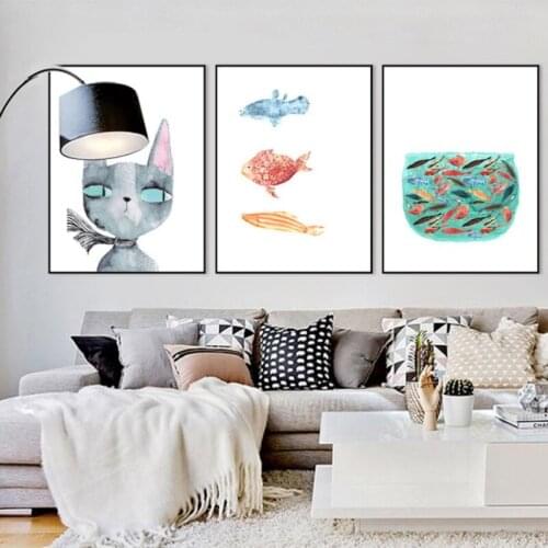 Nordic Fashion Canvas Paintings Wall Posters Cartoon Cat Fish Tank Abstract Living Room Wall Art Picture Home Decoration