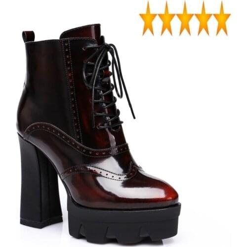 High Sexy Winter Women Super Heels Ankle Lace Up Platform Genuine Leather Shoes Night Club Footwear Fleece Lining Boots