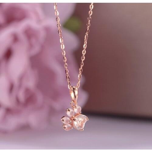 Fine Jewelry Necklace Pendent For Women Pure 925 Silver Rose Quartz Pink Lovely Bear Foot Pendants Chain Accessories CCNI027