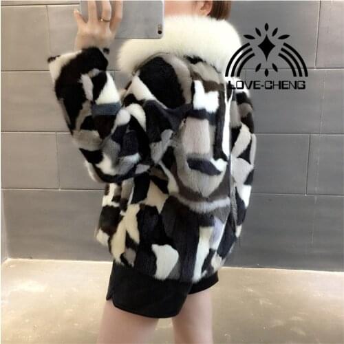 Real natural genuine mink fur coat with fox fur collar womens fashion colorful jacket English collar outwear custom any size