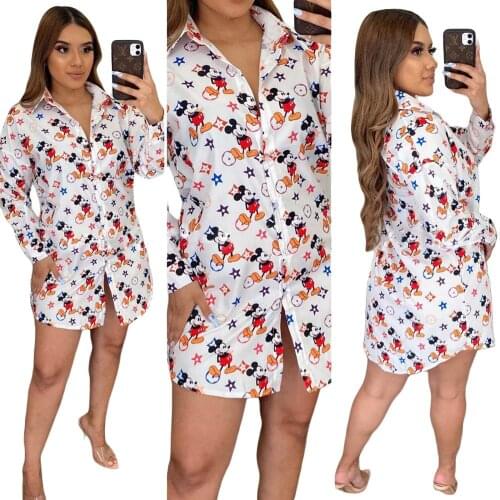 Autumn Spring Women Tunic Loose BF Style Colorful Cartoon Printed Long Sleeve Shirt Blouse Mini Dress Retro Streetwear