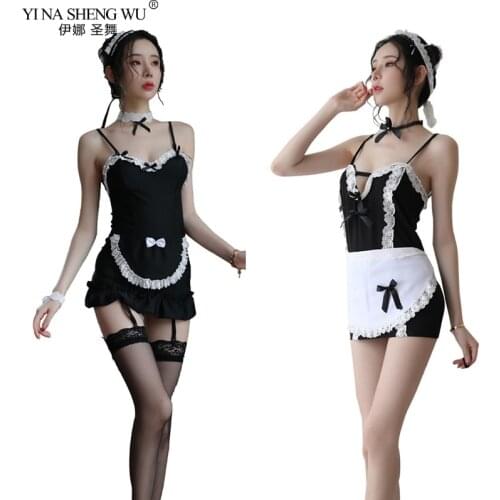 Women Sexy French Maid Uniform Cosplay Costumes Black Mini Lace Dress With Apron Headband Gothic Role Play Erotic Lingerie Sets