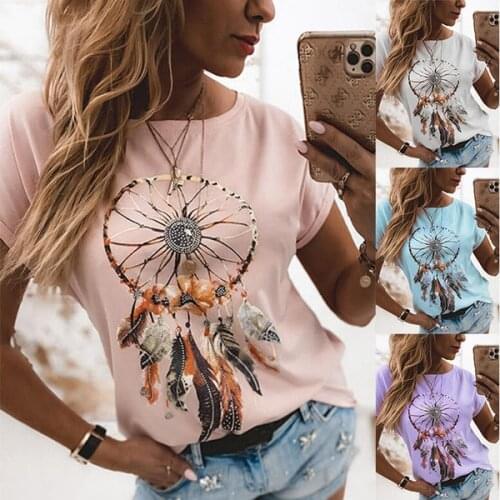 Womens Fashion Short Sleeved Top Feather Printed Plus Size Clothing Summer New Hedging Round Neck Landscape Printing T Shirt