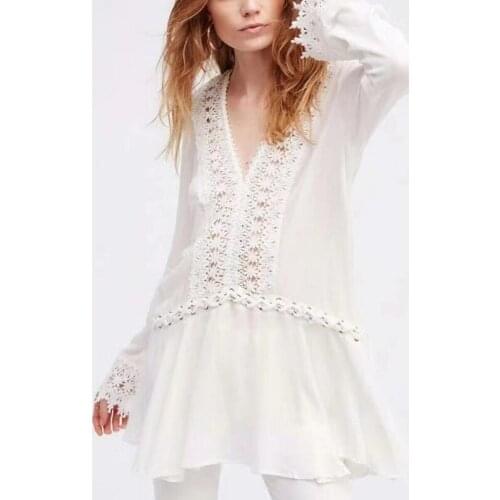 Lace Hollow Out Women V-Neck Mini Dress Spring Summer 2021 Bohemia Style Ladies Long Sleeve Female Robe for Holiday