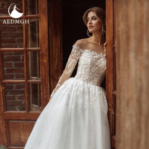 Aedmgh A-Line Empire Wedding Dresses 2021 Boat Neck Long Sleeve Vestido De Novia Gorgeous Appliques Pearls Robe De Marige