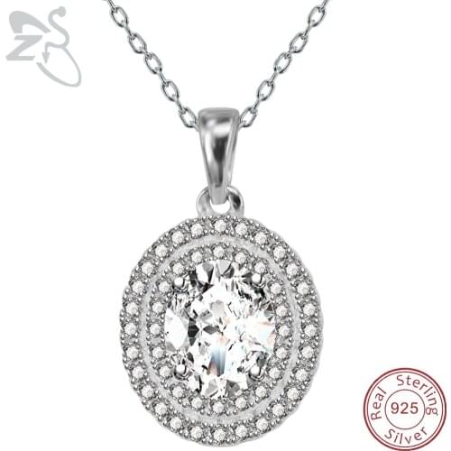 ZS 925 Sterling Silver Oval Pendant Necklace Prong Set 10mm Oval Cubic Zirconia Pendant Necklace for Women Wedding Party Gifts