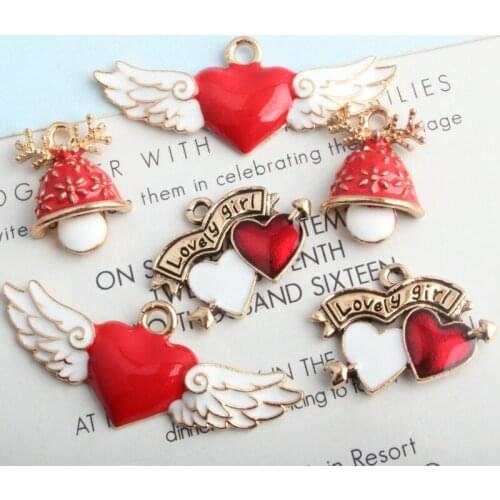 KC Gold Wing Heart Lovely Girl Mushroom Charms Korean Earrings Pendant DIY Accessories For Handmade Jewelry Necklace 50pcs