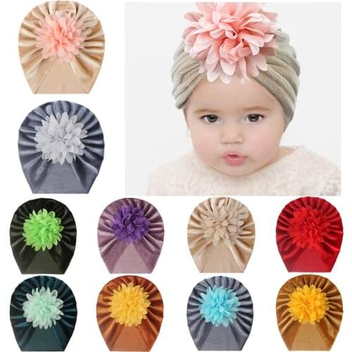Velet Turban Hat for Baby Girls Large Chiffon Flower Newborn Infant Beanie Kids Children Headwrap Turban Donut Pattern Cap