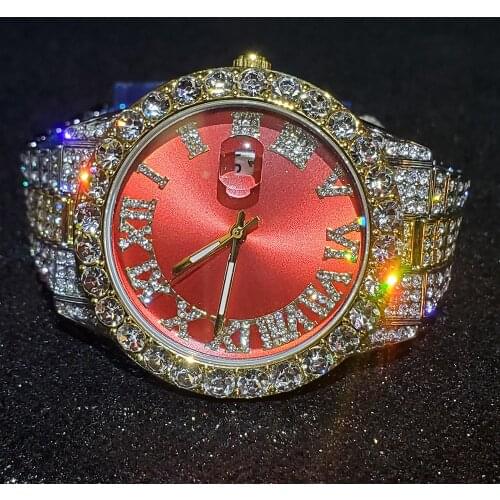 Hip Hop MISSFOX Red Dial Iced Out Men Watches Top Brand Luxury Lab Diamond Streetwear Quartz Wrist Watches Stainless Steel Watch