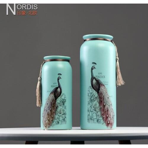 Table vase decoration dry flower vase Peafowls pattern rectangle green porcelain white vase home decoration