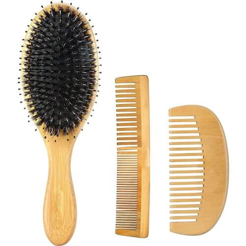 DREWTI 2 PCs Boar Bristle Hair Brush Wood Hair Comb Combination Barber Studio Hairdressing Set Head Massage Antistatic