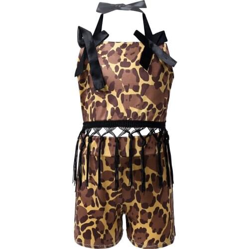 Kids Girls Summer Set Leopard Print Halter Neck Sleeveless Bowknot Tassels Adorned Crop Top Elastic Waistband Shorts Dance Set