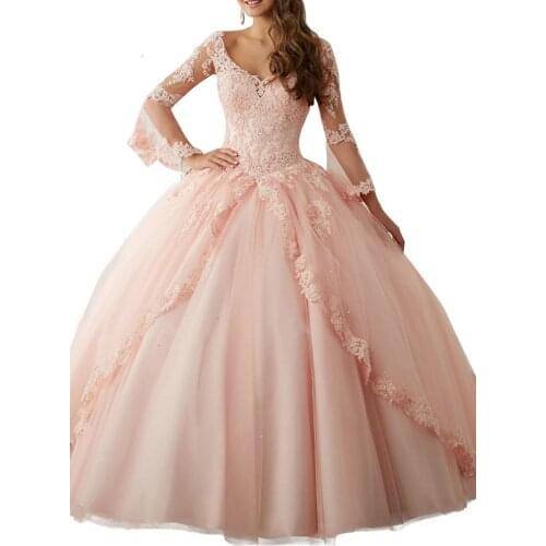 Good Quality Appliqued Beaded Puffy Plus Big Size Light Pink Customized Long Sleeve Ball Gown Quinceanera Dresses