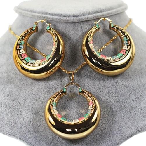 Fashion Big Hoop Earrings Pendant Necklace Set Colored Enamel and Gold Copper Earrings Jewelry Set for Party Bride Gift S121006