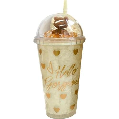 Water Cup Cartoon Bear Pattern Drinkware Silicone Ice Cream Juice Mug with Straw Double Wall Drinkware Durable for Office