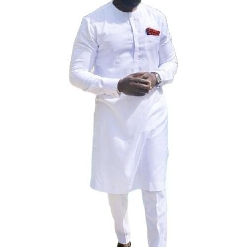 African fashion shirts and trousers solid white pant sets senator style man groom suits customized party wear African clothes