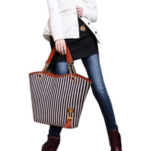 Fashion Women Shopping Handbags Girl Stripe Tassels Chain Canvas Travel Shoulder Large Capacity Casual Totes