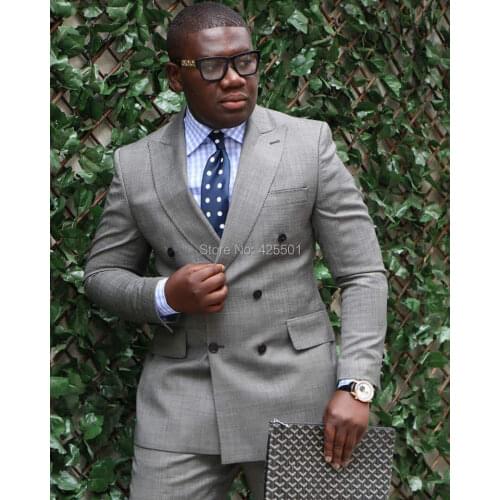 2020 New Design Light Grey Wedding Suits For Men Slim Fit Mens Suits With Pants Costume Homme Double Breasted Groom Men Tuxedos