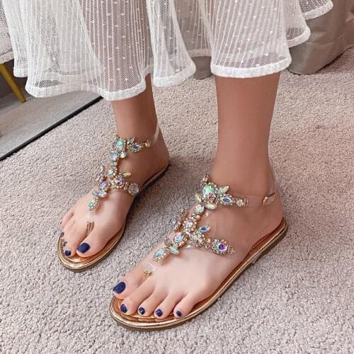 2021 New Bohemian Womens Sandals Rhinestone Clip Toe Roman Flat Shoes Beach Slippers Female Fashion Wild Shoes
