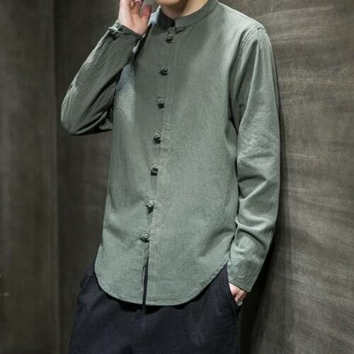 Vintage Cotton Linen Shirt Men Solid Color Casual Long Sleeve Mandarin Collar Blouse Classic Male T-Shirt Oversize Tops KK3365