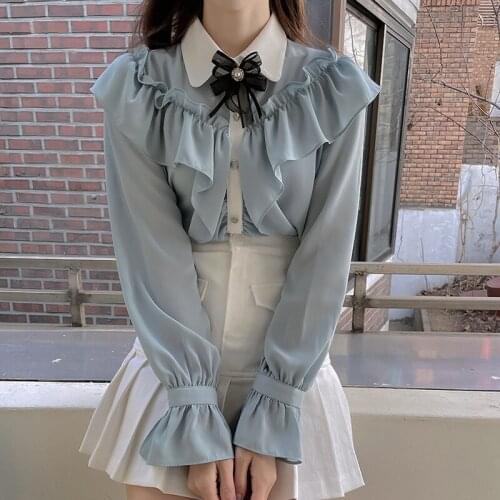 2021 Retro Shirt Elegant And Sweet Bow-knot Solid Color Ruffle Horn Long-sleeve Single-breasted Solid Color Top
