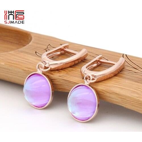 SJMADE Fashion Luxury Elegant Round Colorful Crystal Dangle Earrings 585 Rose Gold White Gold Earring For Women Wedding Jewelry