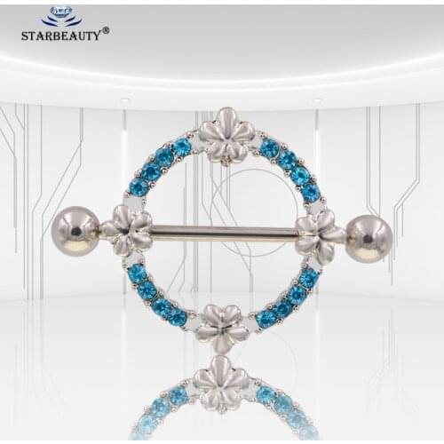 1Pair 14G Blue Flower Nipple Shield Druzy Barbell Nipple Ring Charming Nipple Jewelry For Women piercing jewelry