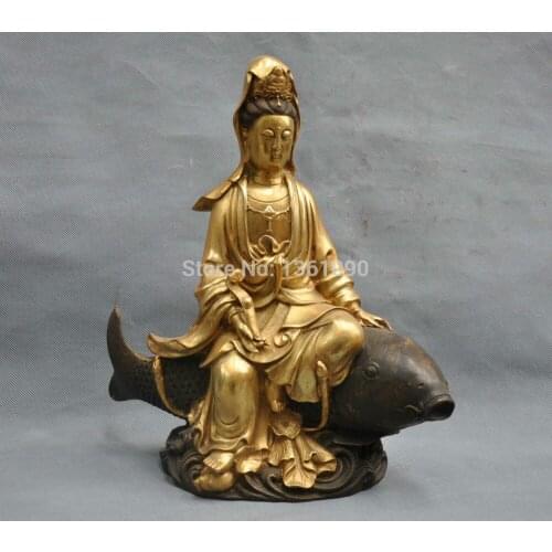Xd 00484 12"Chinese Buddhism temple Bronze Copper GuanYin ride fish goddess Buddha Statue