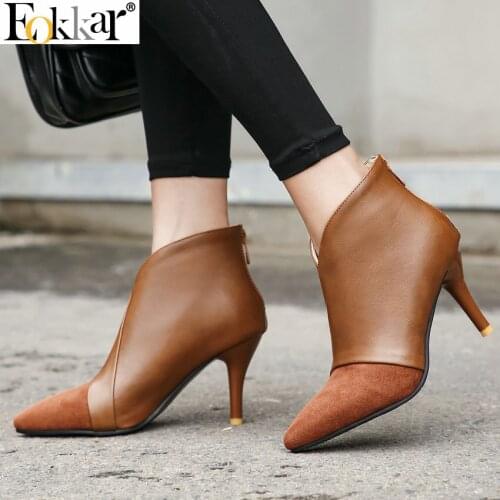 Eokkar 2020 Women Ankle Boots Pointed Toe Zipper Thin High Heel All Match Pu Leather Winter Boots Ladies Shoes Size 34-43