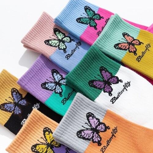 Women Cotton Socks Butterfly Pattern Socks Purple Female Ins Korean Style Streetwear Harajuku Hip Hop Crew Socks Meia Femme Soks