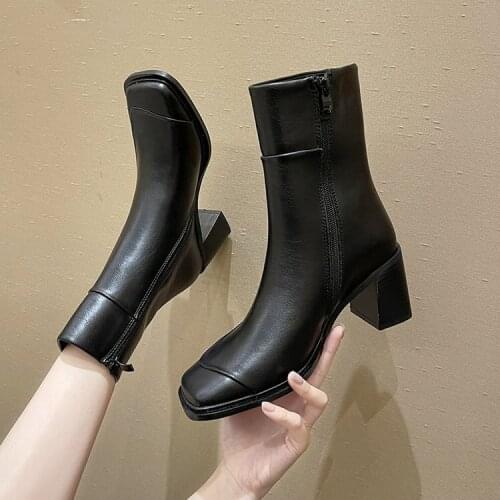 Square-toe short boots womens thick heel 2021 autumn and winter new Korean style high-heeled Martin boots side zipper