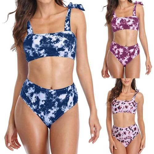 Female Bikini Set, Women’ s Floral Print Two-Piece Bathing Suit U-Neck Sleeveless Crop Tops+ Bikini Panties, S/M/L/XL