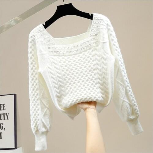 Embroidery Sequins White Sweater Woman Beaded Retro Lantern Sleeve Square Collar Short Design Jumper Pull Femme