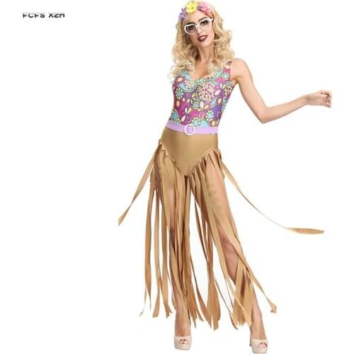 Floral Print Woman Halloween Hippie Disco Costumes Female Latino Hip Hop Singer Cosplay Carnival Purim Nightclub Bar Party Dress