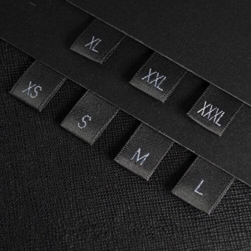 1000pcs Black Satin Size Label Tags Black Text with Cut and Folded XS-XXXL Soft satin Clothing Tags Black Washing Care Labels