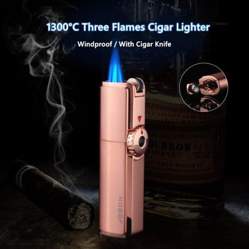 1300°C Three Flames Windproof Grinding Wheel Ignition With Cigar Knife Lighter Cigar Tobacco Pipes Accessories Mens Gifts