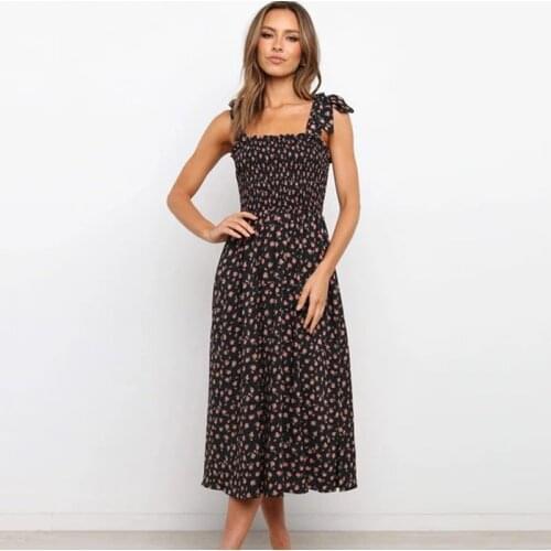 Ardm Fashion Black Floral Print Women Dress Spaghetti Strap Sleeveless Backless High Waist Summer Midi Dress Vintage Party Dress