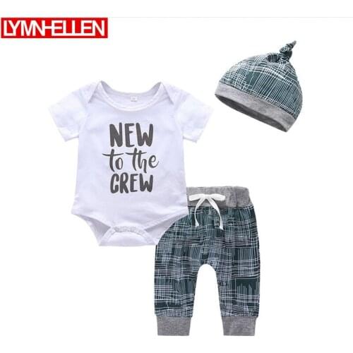 Lovely Newborn Baby Bodysuit Sets "New To The Crew" Short-sleeved Casual Clothes T-shirt Hat Trousers Outfit Infant Toddler