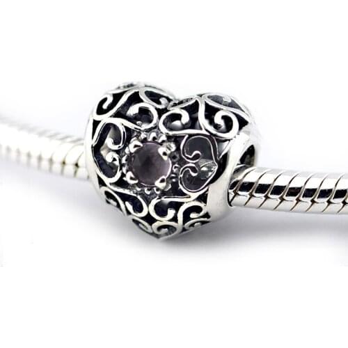 925-Sterling-Silver Jewelry Bead, February Signature Heart Bead Fits European Charm Bracelet DIY Fashion Jewelry Drop Shipping