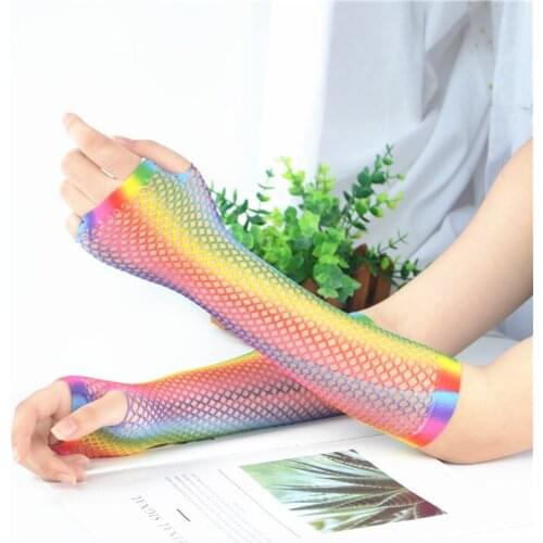 Colored Nylon Long Fingerless Fishnet Gloves Elastic Stretch Funky Retro Mesh Gloves for Women Girls Kids Theme Dress-Up Party