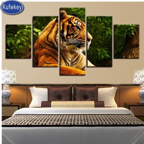 Tiger diamond painting 5 panel New diamond embroidery full drill round stone mosaic fantasy picture rhinestones animal King