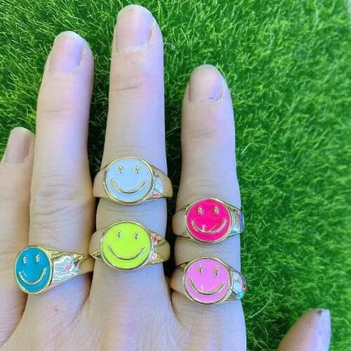 10PCS, Punk Happy Smiling Face Enamel Open Rings For Women Vintage Golden Geometric Finger Ring Trendy Jewelry