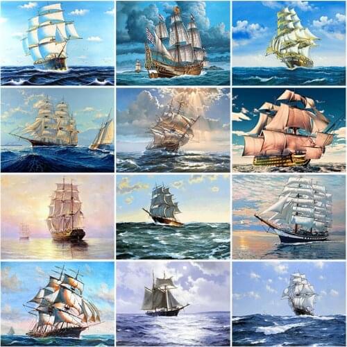 Oil Painting Diy Diamond Sail Boat Seascape Embroidery Diamond Accessories Adults Crafts Home Room Decor Handmade Paint