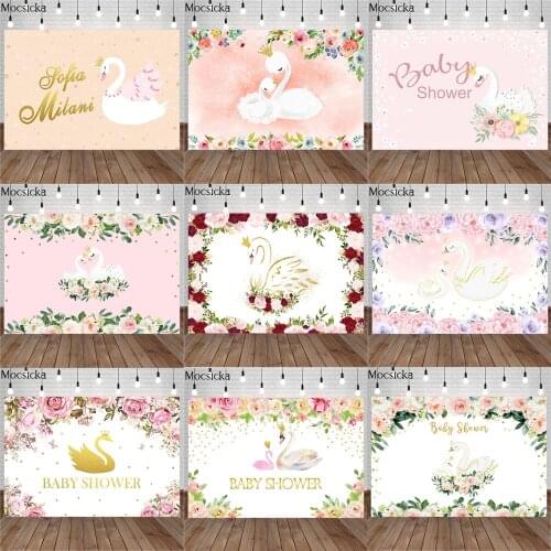Mocsicka Swan Theme Newborn Child Portrait Photo Flowers Party Cake Backdrop Customizable Text Birthday Decoration Props Studio