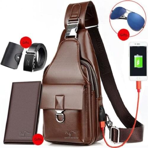 Fashion Mens Messenger Bags Shoulder Leather Chest Bags for Men Casual Crossbody Bags USB Charging Business Bag Travel Packs