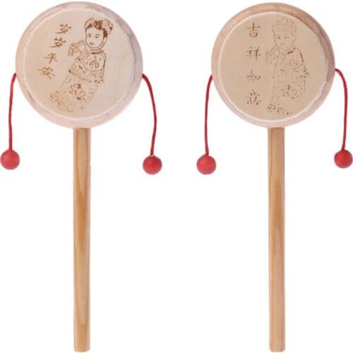 Natural Wood Cartoon Chinese Traditional Spinning Rattle Drum Hand Bell Baby Musical Toy
